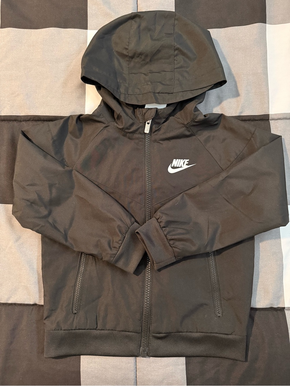 Nike Black Hooded Kids Rain Jacket with White Logo
